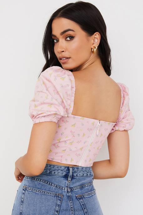 House of CB Arianna Pink Floral Puff Sleeve Corset Clothing 4H6N87