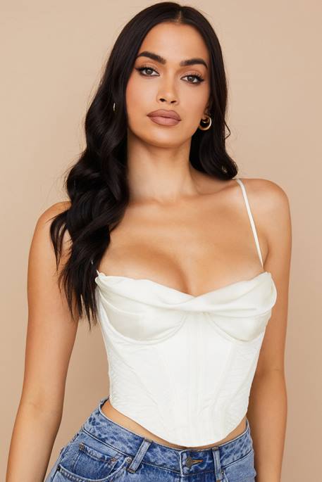 House of CB Bea Ivory Satin Draped Corset Clothing 4H6N84