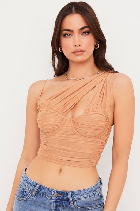House of CB Eliana Beige Gathered Mesh Corset Clothing 4H6N78