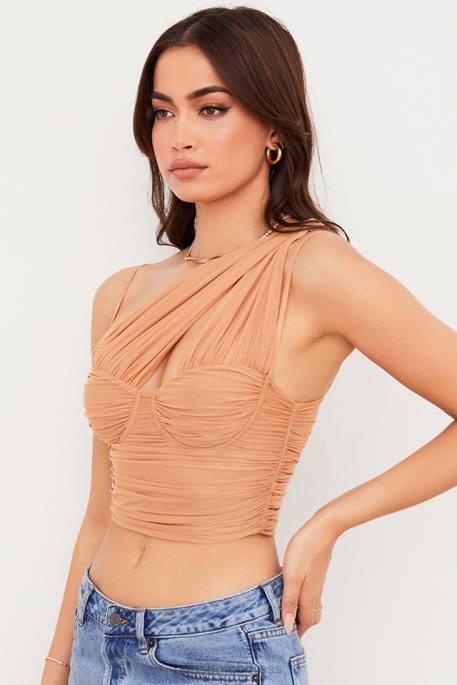 House of CB Eliana Beige Gathered Mesh Corset Clothing 4H6N78