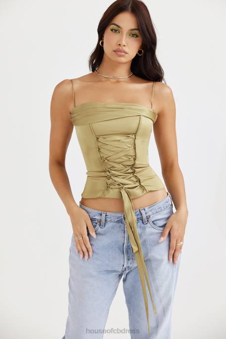 House of CB Letitia Olive Satin Lace Up Corset Clothing 4H6N58
