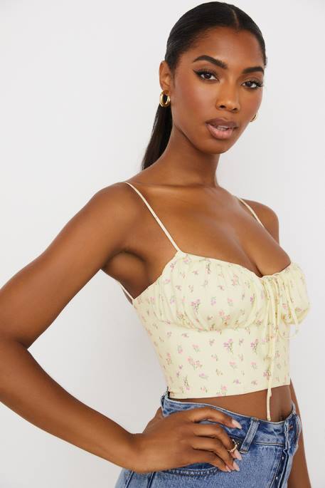 House of CB Lilibeth Lemon Ditsy Floral Gathered Bustier Top Clothing 4H6N88