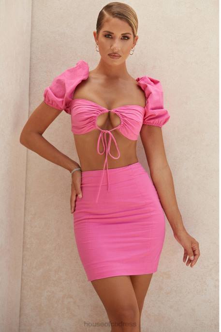 House of CB Lisette Pink Linen Puff Sleeve Corset Top Clothing 4H6N103