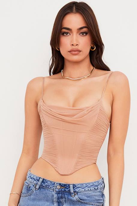 House of CB Lottie Beige Mesh Drape Corset Clothing 4H6N80