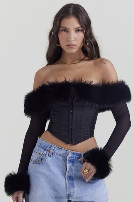 House of CB Merle Black Faux Fur Trim Corset Clothing 4H6N2