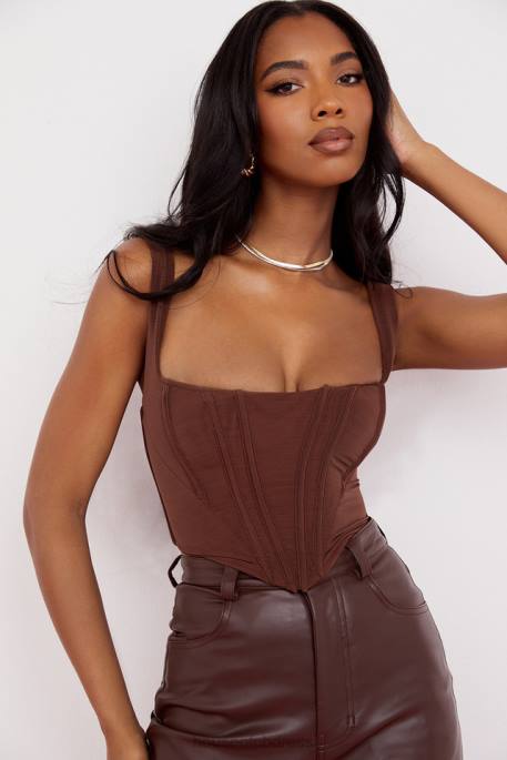 House of CB Ninetta Chocolate Mesh Corset Clothing 4H6N92