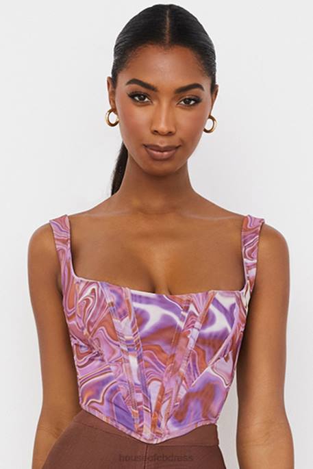 House of CB Ninetta Purple Swirl Print Mesh Corset Clothing 4H6N85