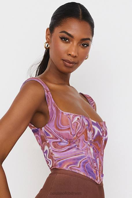 House of CB Ninetta Purple Swirl Print Mesh Corset Clothing 4H6N85