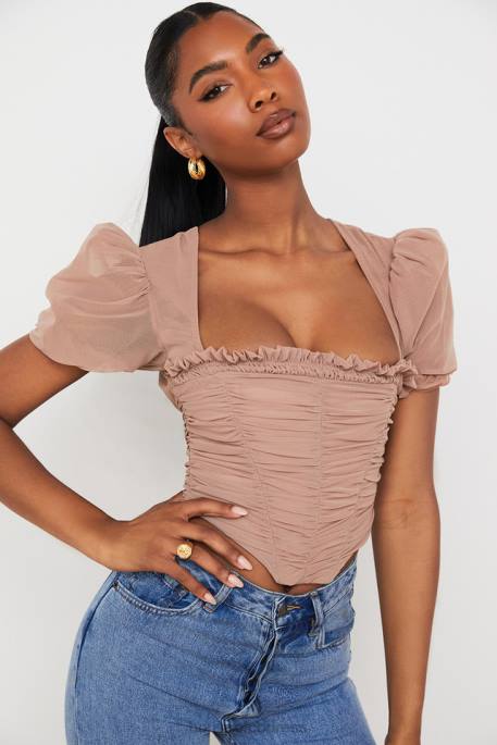 House of CB Nora Tan Mesh Puff Sleeve Gathered Corset Clothing 4H6N90