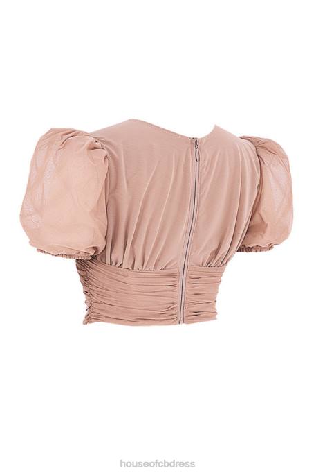 House of CB Nora Tan Mesh Puff Sleeve Gathered Corset Clothing 4H6N90