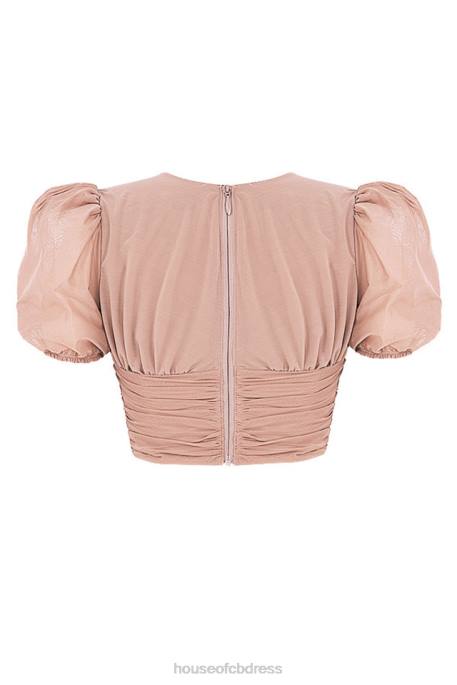 House of CB Nora Tan Mesh Puff Sleeve Gathered Corset Clothing 4H6N90