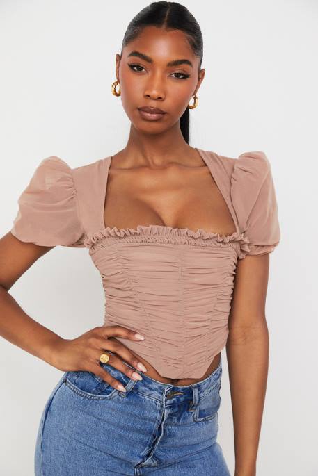 House of CB Nora Tan Mesh Puff Sleeve Gathered Corset Clothing 4H6N90
