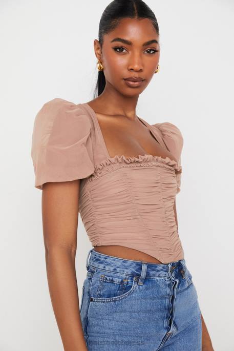 House of CB Nora Tan Mesh Puff Sleeve Gathered Corset Clothing 4H6N90