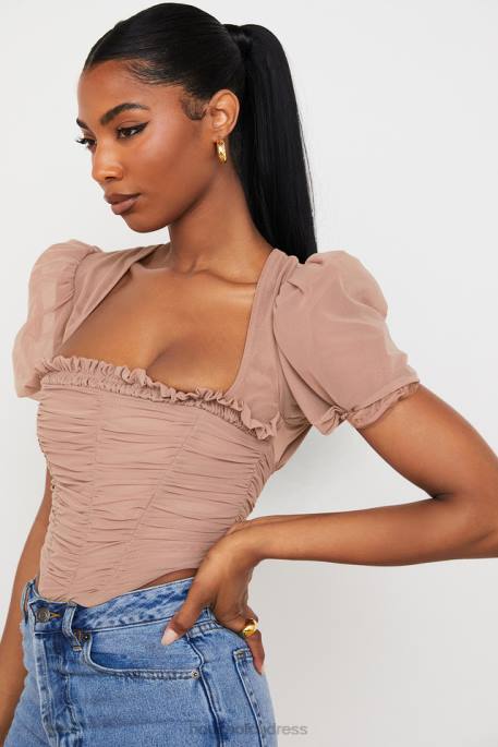 House of CB Nora Tan Mesh Puff Sleeve Gathered Corset Clothing 4H6N90