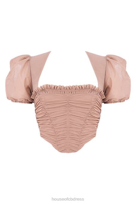 House of CB Nora Tan Mesh Puff Sleeve Gathered Corset Clothing 4H6N90