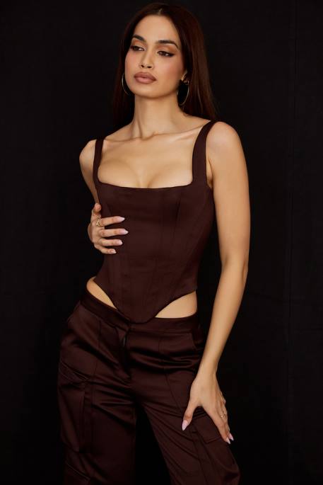 House of CB Rafa Chocolate Satin Longline Corset Clothing 4H6N61