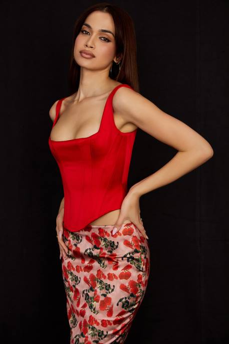 House of CB Rafa Scarlet Satin Longline Corset Clothing 4H6N62