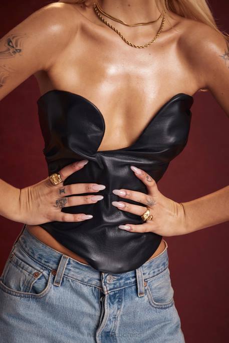House of CB Saffira Black Plunge Vegan Leather Corset Clothing 4H6N4