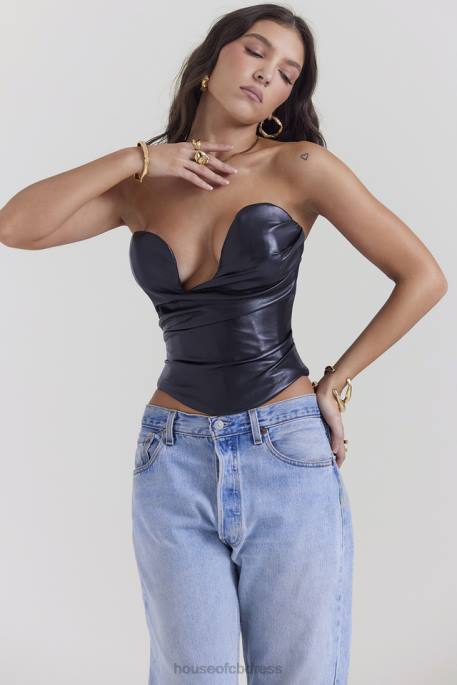 House of CB Saffira Black Plunge Vegan Leather Corset Clothing 4H6N4