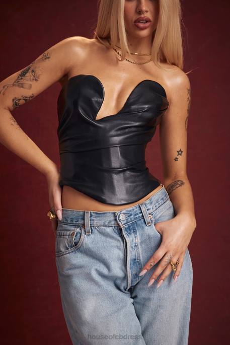 House of CB Saffira Black Plunge Vegan Leather Corset Clothing 4H6N4