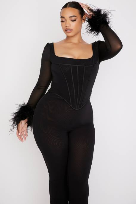House of CB Stella Black Mesh Trimmed Corset Clothing 4H6N70