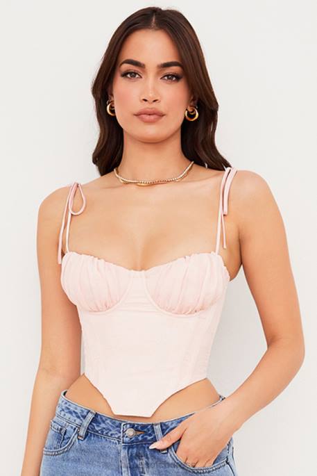 House of CB Willow Baby Pink Chiffon Gathered Bust Cropped Corset Clothing 4H6N81
