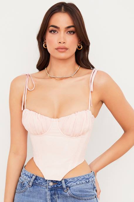House of CB Willow Baby Pink Chiffon Gathered Bust Cropped Corset Clothing 4H6N81