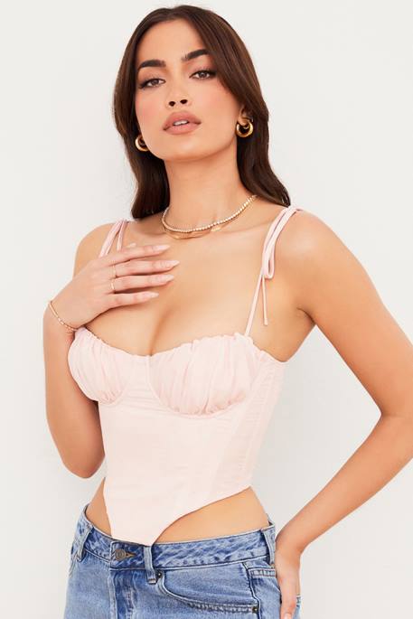 House of CB Willow Baby Pink Chiffon Gathered Bust Cropped Corset Clothing 4H6N81