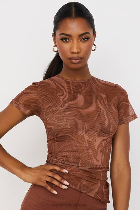 House of CB Claudie Cocoa Swirl Print Asymmetric T-shirt Clothing 4H6N751