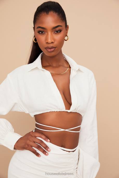 House of CB Iris Off White Wrap Around Cropped Shirt Clothing 4H6N741