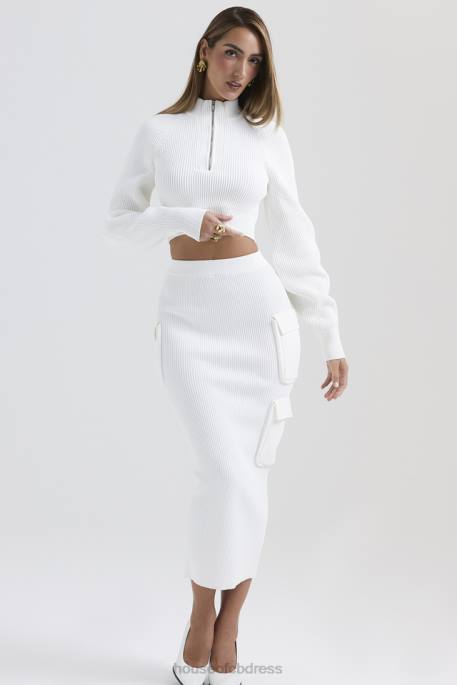 House of CB Reeva White Balloon Sleeve Ribbed Sweater Clothing 4H6N659