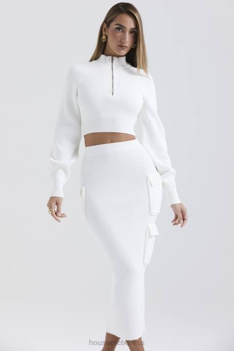 House of CB Reeva White Balloon Sleeve Ribbed Sweater Clothing 4H6N659