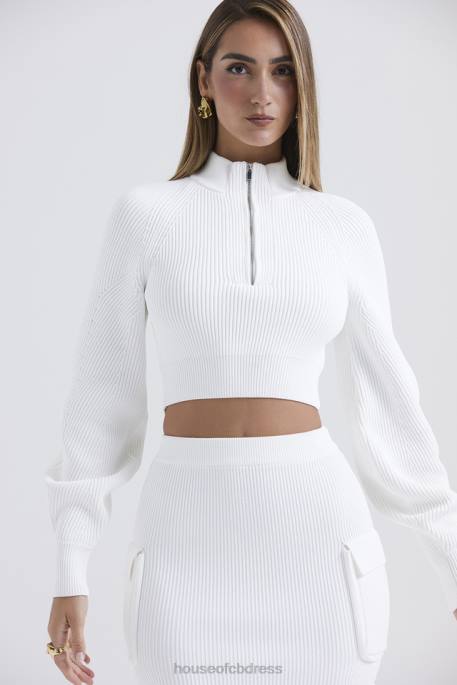 House of CB Reeva White Balloon Sleeve Ribbed Sweater Clothing 4H6N659