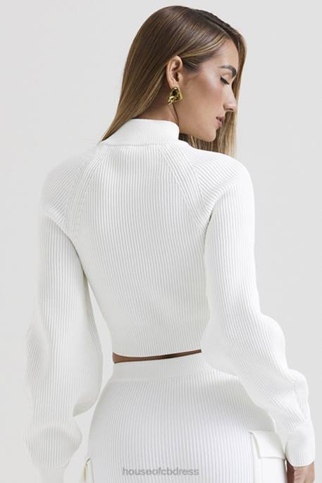 House of CB Reeva White Balloon Sleeve Ribbed Sweater Clothing 4H6N659