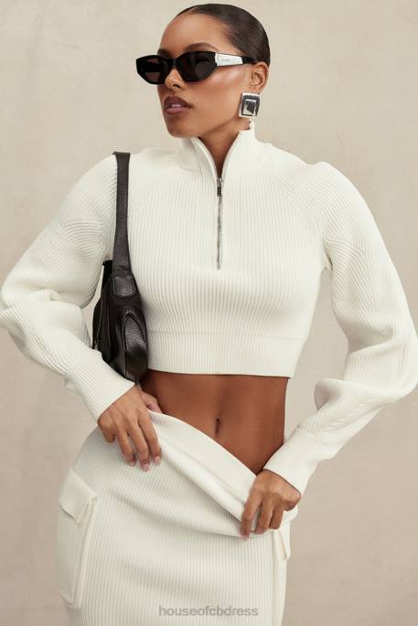 House of CB Reeva White Balloon Sleeve Ribbed Sweater Clothing 4H6N659