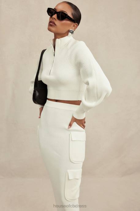 House of CB Reeva White Balloon Sleeve Ribbed Sweater Clothing 4H6N659
