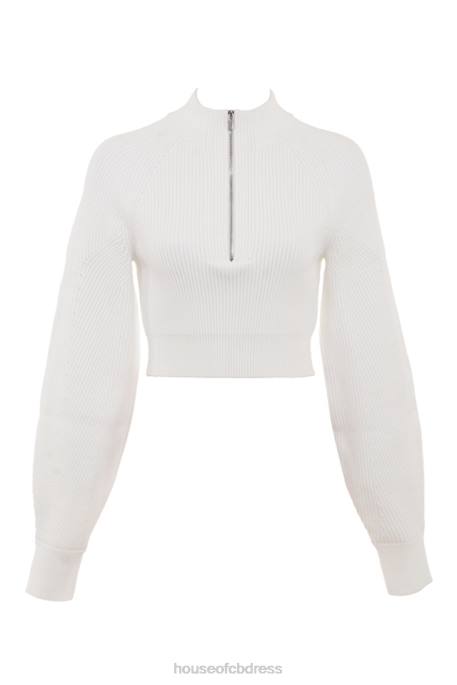 House of CB Reeva White Balloon Sleeve Ribbed Sweater Clothing 4H6N659