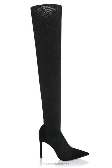 House of CB Escape Black Mesh Monogrammed Thigh Boots Shoes 4H6N1088
