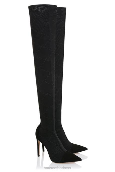 House of CB Escape Black Mesh Monogrammed Thigh Boots Shoes 4H6N1088