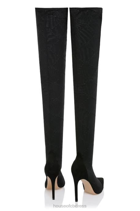 House of CB Escape Black Mesh Monogrammed Thigh Boots Shoes 4H6N1088