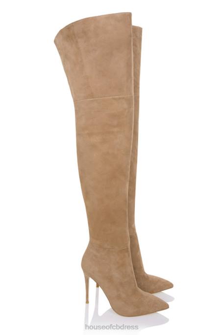 House of CB Extraordinaire Tan Real Suede Thigh Boots Shoes 4H6N1122