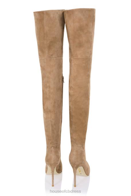 House of CB Extraordinaire Tan Real Suede Thigh Boots Shoes 4H6N1122