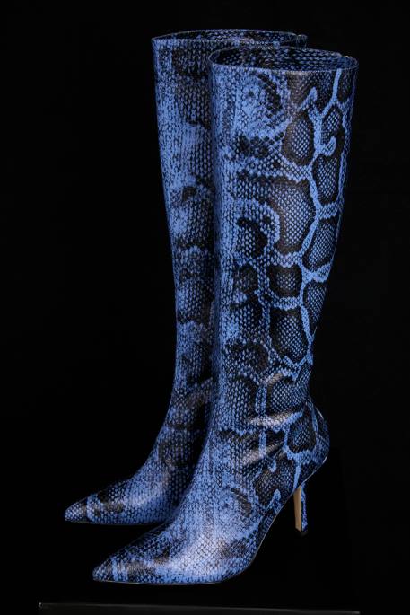 House of CB Royale Blue Print Leather Knee High Boots Shoes 4H6N1070