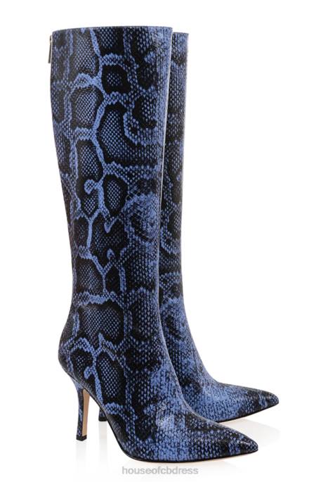 House of CB Royale Blue Print Leather Knee High Boots Shoes 4H6N1070
