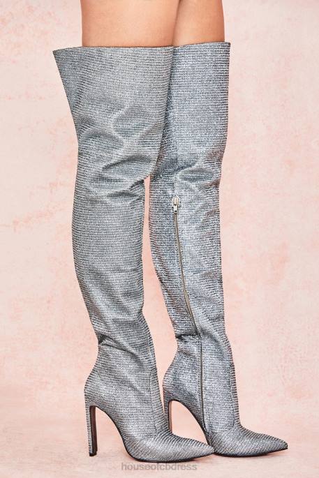House of CB Stardust Silver Sparkle Thigh High Leather Boots Shoes 4H6N1115