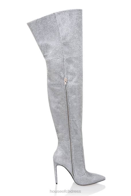 House of CB Stardust Silver Sparkle Thigh High Leather Boots Shoes 4H6N1115