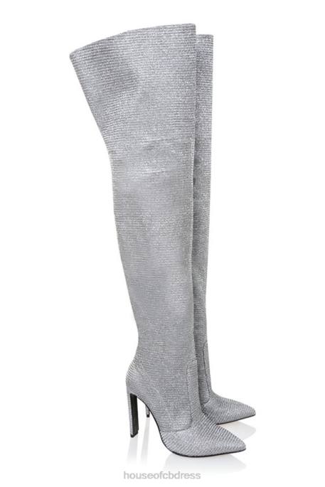 House of CB Stardust Silver Sparkle Thigh High Leather Boots Shoes 4H6N1115