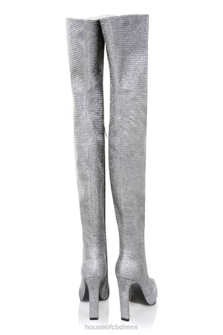 House of CB Stardust Silver Sparkle Thigh High Leather Boots Shoes 4H6N1115