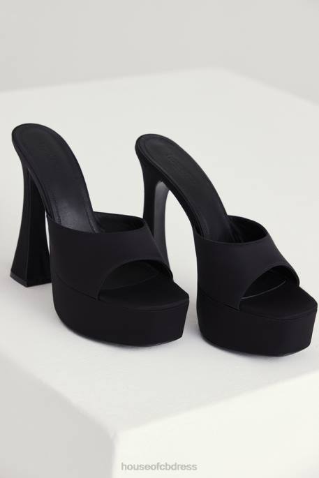 House of CB Alessandra Black Satin Platform Mules Shoes 4H6N1065