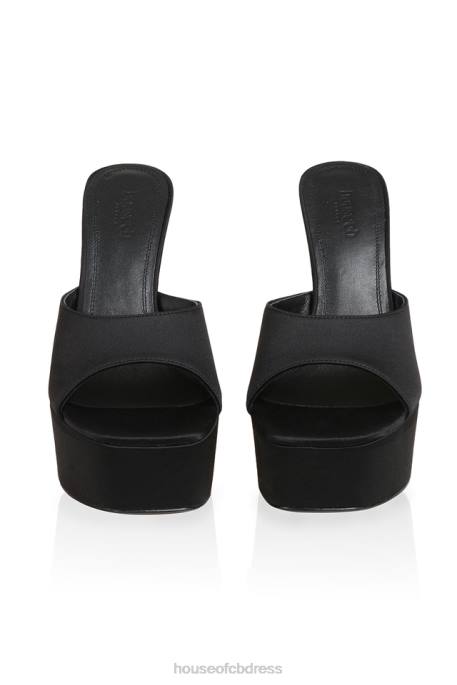 House of CB Alessandra Black Satin Platform Mules Shoes 4H6N1065
